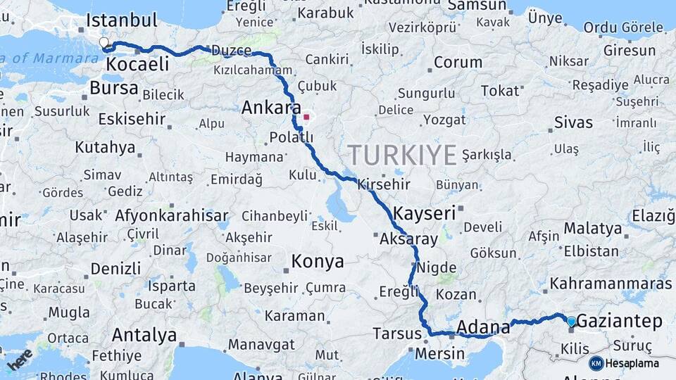 Gaziantep Çayırova Kocaeli Arası Kaç Km - Yol Haritası