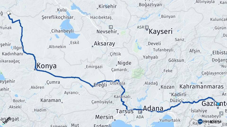 Gaziantep Çeltik Konya Arası Kaç Km - Yol Haritası