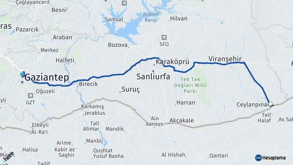 Gaziantep Ceylanpınar Şanlıurfa Arası Kaç Km - Yol Haritası