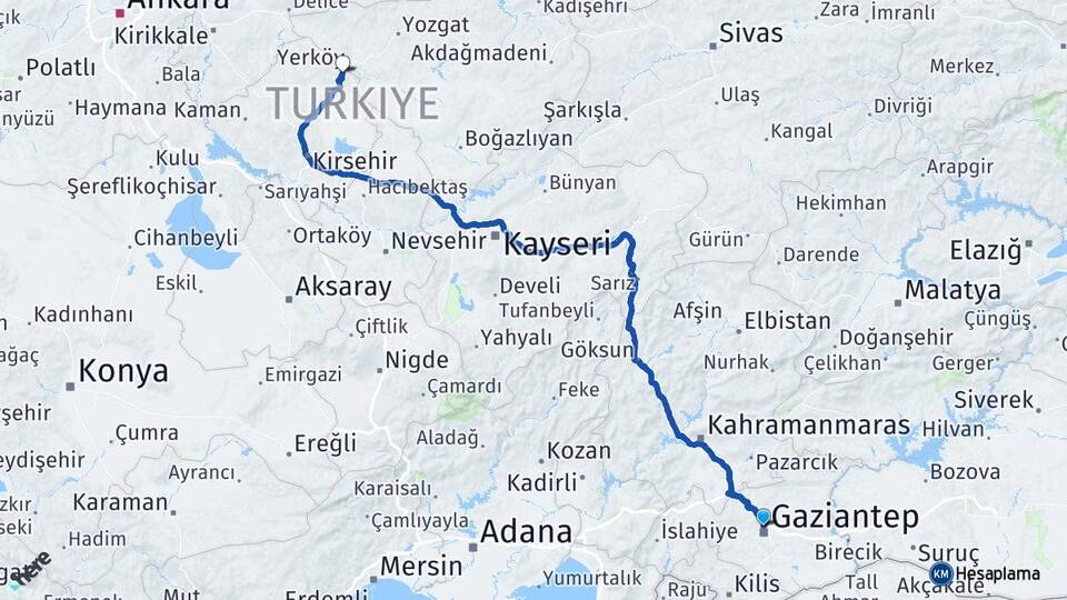 Gaziantep Çiçekdağı Kırşehir Arası Kaç Km - Yol Haritası