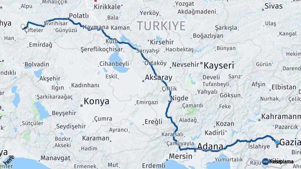 Gaziantep Çifteler Eskişehir Arası Kaç Km - Yol Haritası