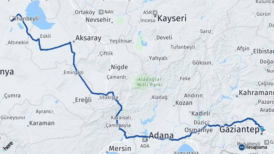 Gaziantep Cihanbeyli Konya Arası Kaç Km - Yol Haritası