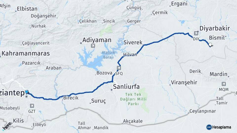 Gaziantep Çınar Diyarbakır Arası Kaç Km - Yol Haritası