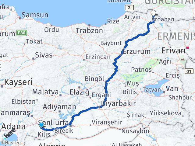 Gaziantep Damal Ardahan Arası Kaç Km - Yol Haritası