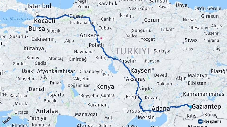 Gaziantep Dilovası Kocaeli Arası Kaç Km - Yol Haritası