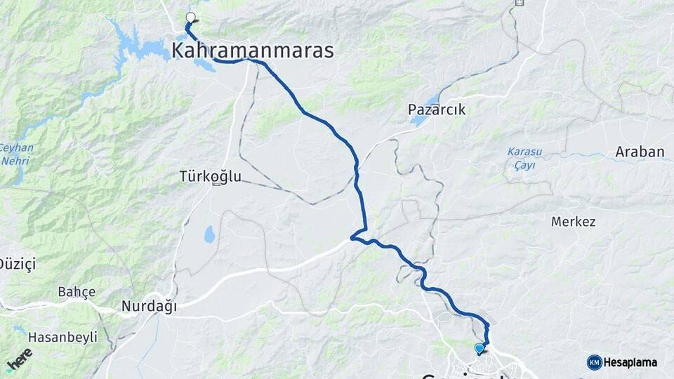 Gaziantep Dulkadiroğlu Kahramanmaraş Arası Kaç Km - Yol Haritası
