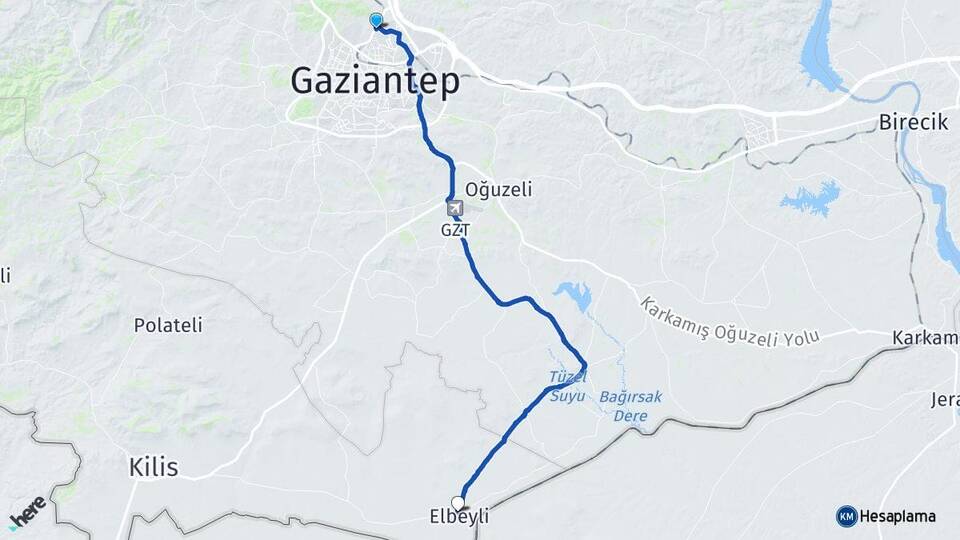 Gaziantep Elbeyli Kilis Arası Kaç Km - Yol Haritası