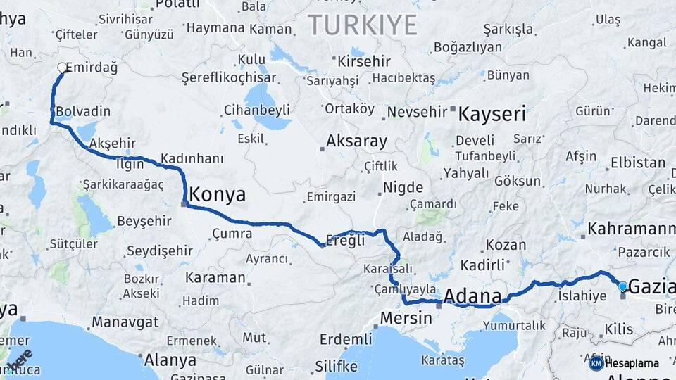 Gaziantep Emirdağ Afyonkarahisar Arası Kaç Km - Yol Haritası