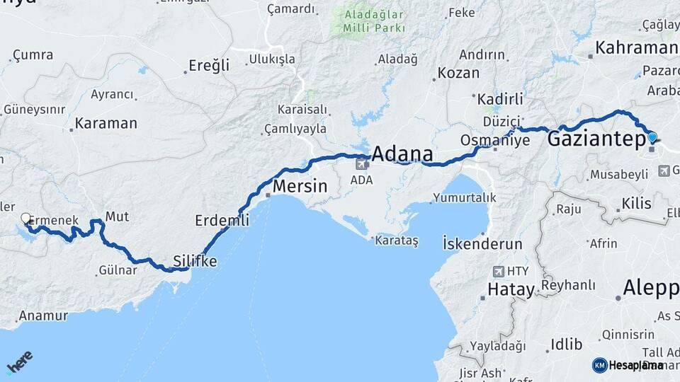 Gaziantep Ermenek Karaman Arası Kaç Km - Yol Haritası