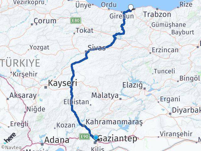 Gaziantep Espiye Giresun Arası Kaç Km - Yol Haritası