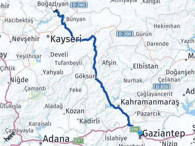 Gaziantep Felahiye Kayseri Arası Kaç Km - Yol Haritası