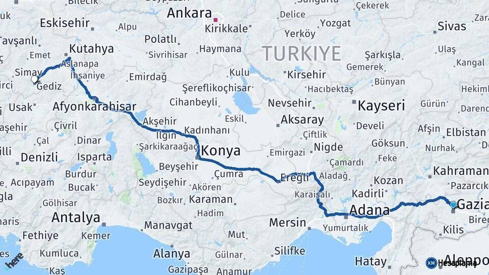 Gaziantep Gediz Kütahya Arası Kaç Km - Yol Haritası