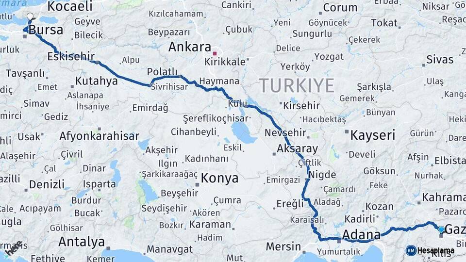Gaziantep Gemlik Bursa Arası Kaç Km - Yol Haritası