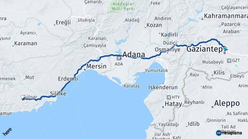 Gaziantep Gülnar Mersin Arası Kaç Km - Yol Haritası