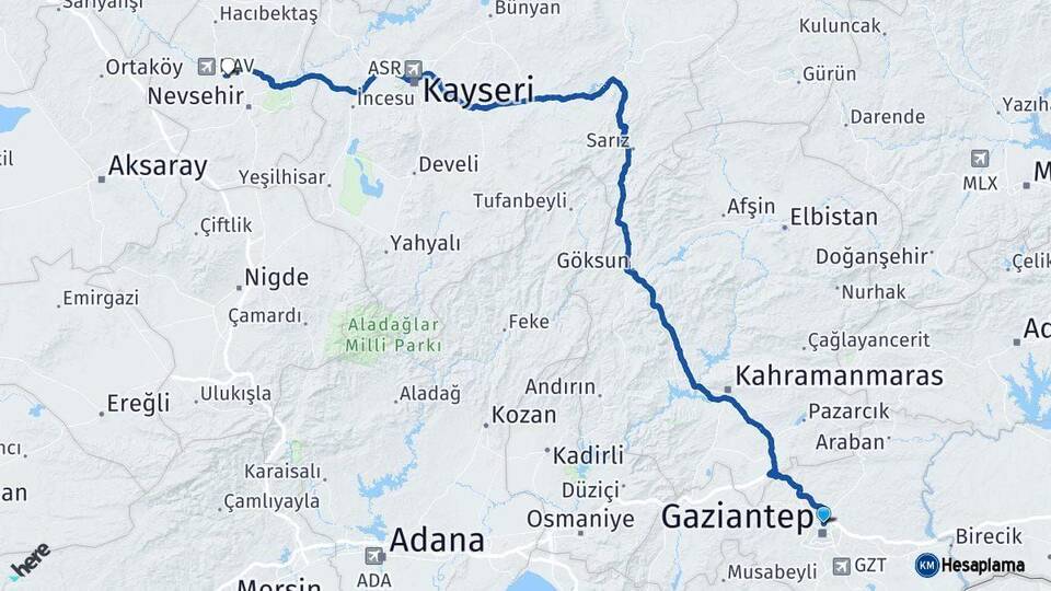 Gaziantep Gülşehir Nevşehir Arası Kaç Km - Yol Haritası