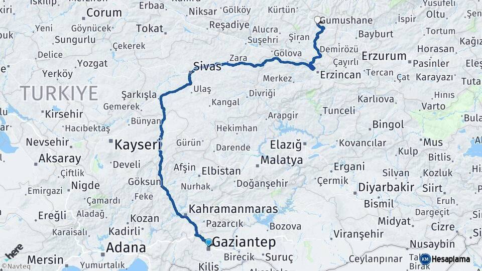 Gaziantep Gümüşhane Arası Kaç Km - Yol Haritası