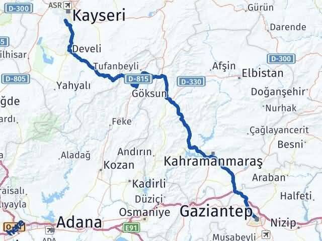 Gaziantep Hacılar Kayseri Arası Kaç Km - Yol Haritası