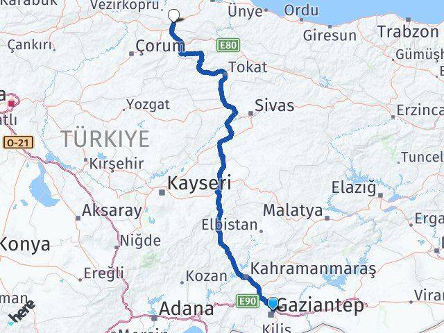 Gaziantep Havza Samsun Arası Kaç Km - Yol Haritası