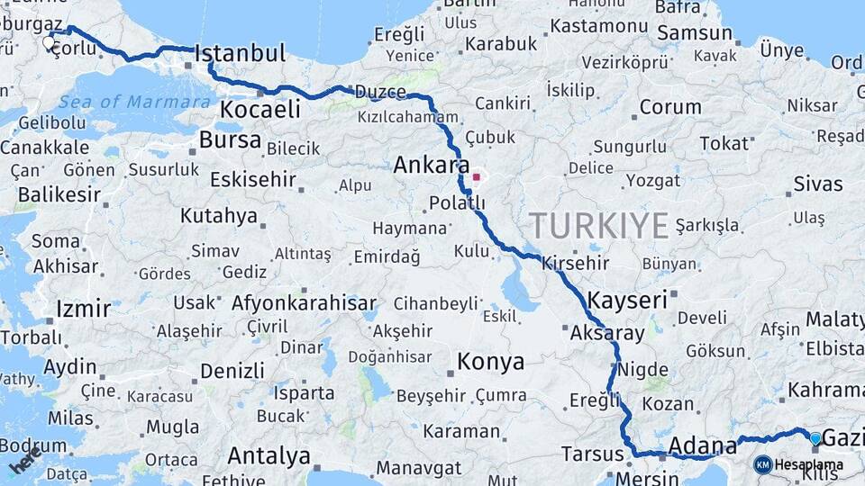 Gaziantep Hayrabolu Tekirdağ Arası Kaç Km - Yol Haritası