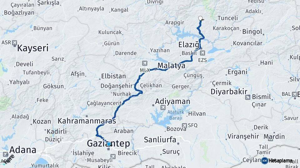 Gaziantep Hozat Tunceli Arası Kaç Km - Yol Haritası