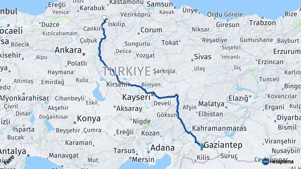 Gaziantep Ilgaz Çankırı Arası Kaç Km - Yol Haritası
