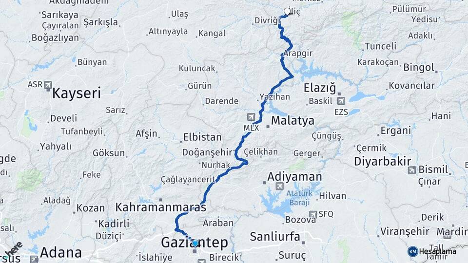 Gaziantep İliç Erzincan Arası Kaç Km - Yol Haritası