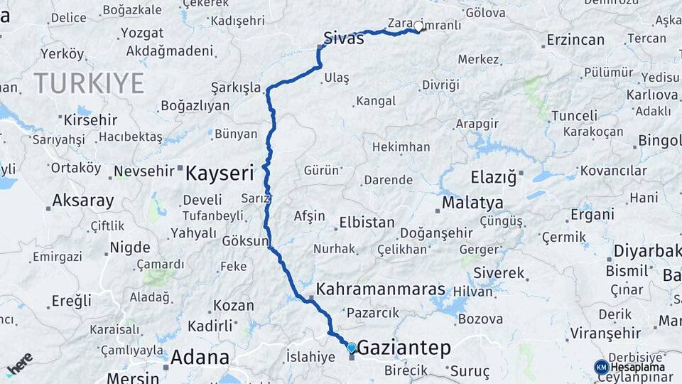 Gaziantep İmranlı Sivas Arası Kaç Km - Yol Haritası