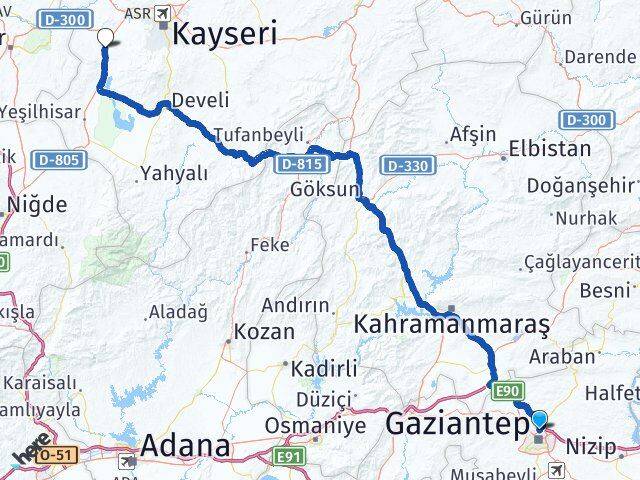 Gaziantep İncesu Kayseri Arası Kaç Km - Yol Haritası