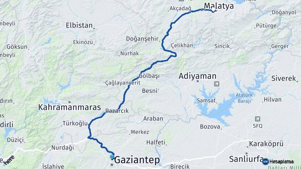 Gaziantep İnönü Üniversitesi Arası Kaç Km - Yol Haritası