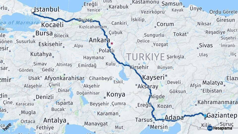 Gaziantep İstanbul Arası Kaç Km - Yol Haritası