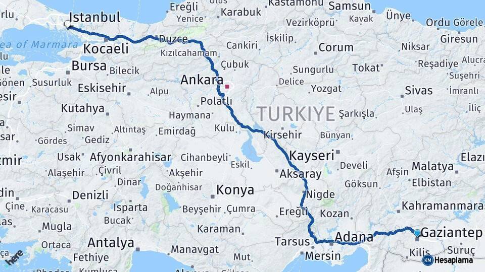 Gaziantep Kadıköy İstanbul Arası Kaç Km - Yol Haritası