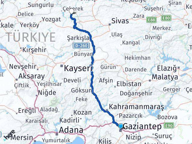 Gaziantep Kadışehri Yozgat Arası Kaç Km - Yol Haritası