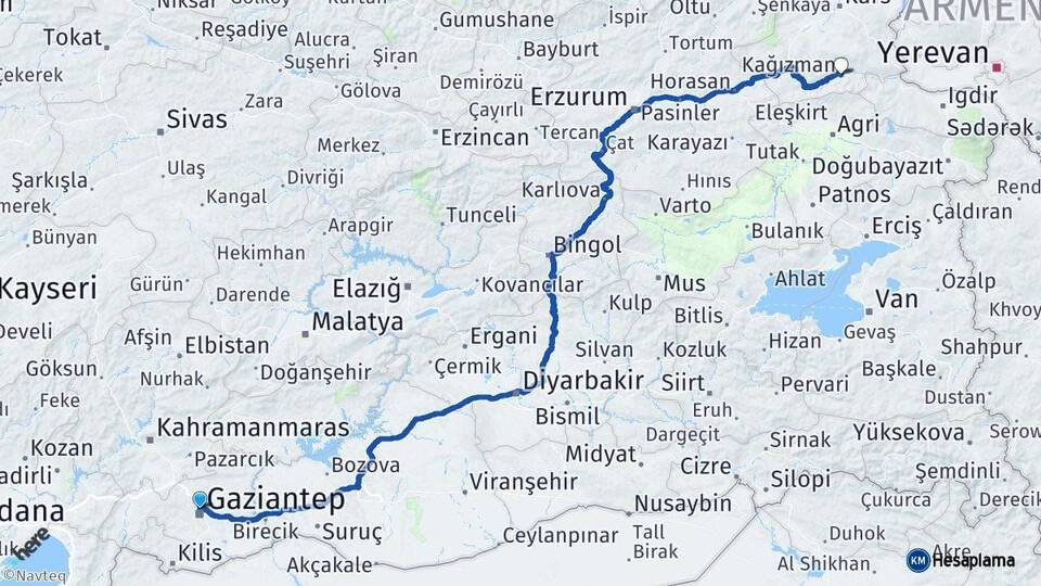 Gaziantep Kağızman Kars Arası Kaç Km - Yol Haritası