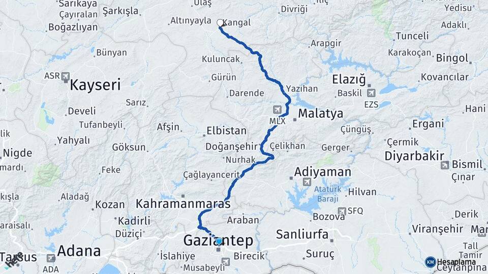 Gaziantep Kangal Sivas Arası Kaç Km - Yol Haritası