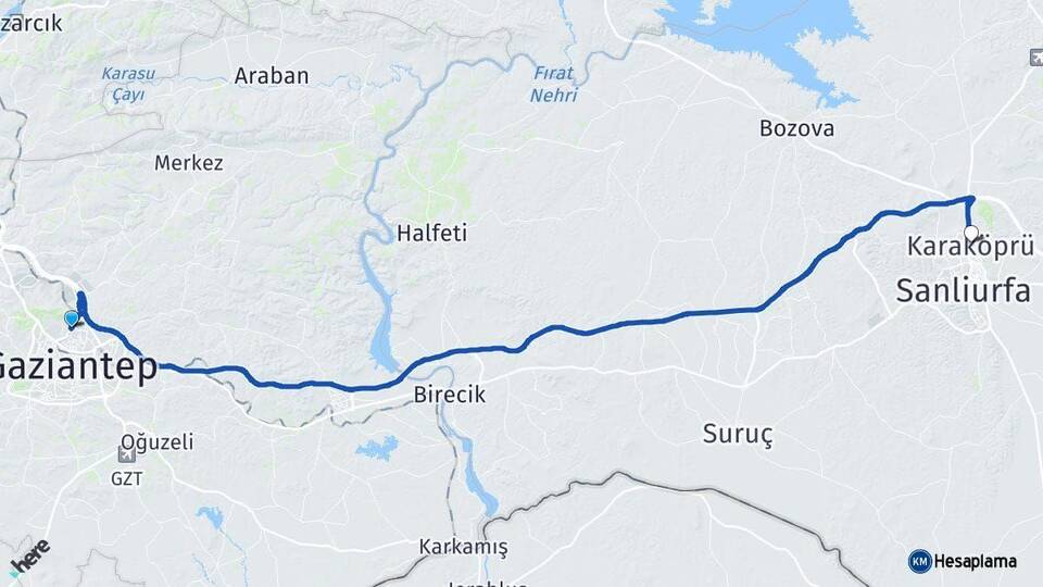 Gaziantep Karaköprü Şanlıurfa Arası Kaç Km - Yol Haritası