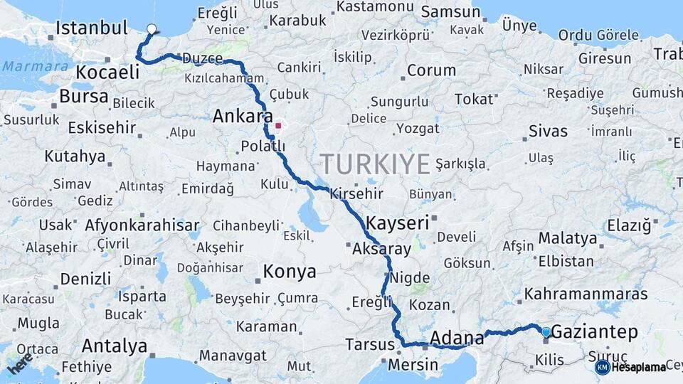 Gaziantep Karasu Sakarya Arası Kaç Km - Yol Haritası
