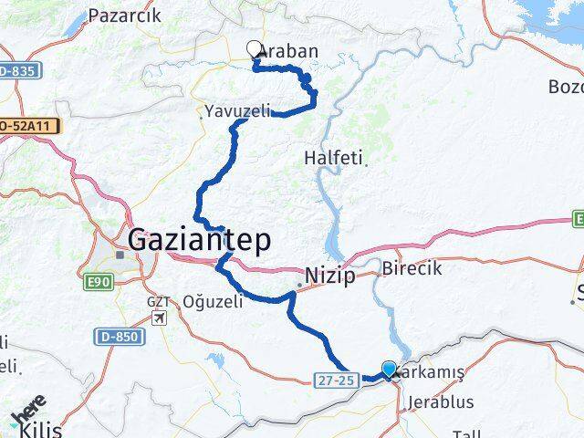 Gaziantep Karkamış Araban Arası Kaç Km - Yol Haritası