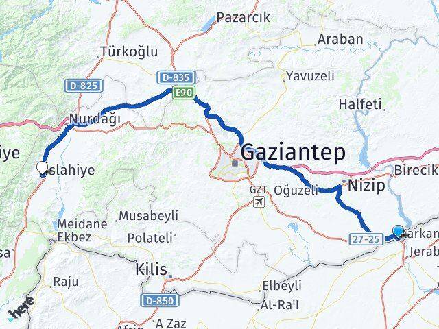 Gaziantep Karkamış İslahiye Arası Kaç Km - Yol Haritası