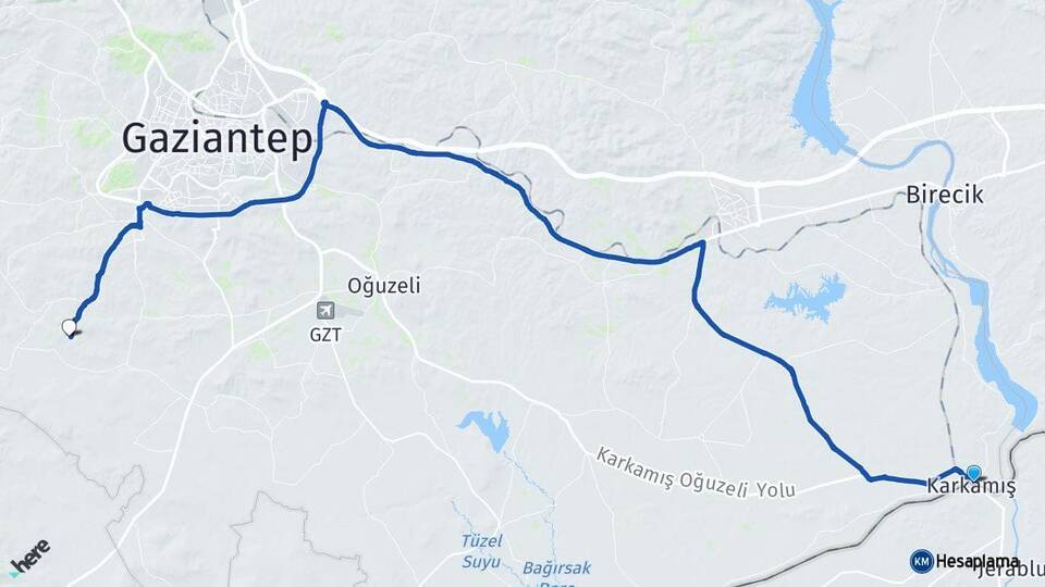 Gaziantep Karkamış Şahinbey Arası Kaç Km - Yol Haritası