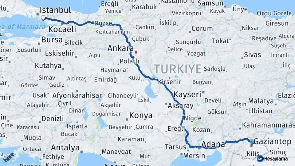 Gaziantep Kartal İstanbul Arası Kaç Km - Yol Haritası