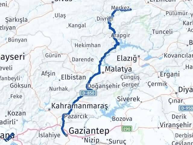 Gaziantep Kemah Erzincan Arası Kaç Km - Yol Haritası