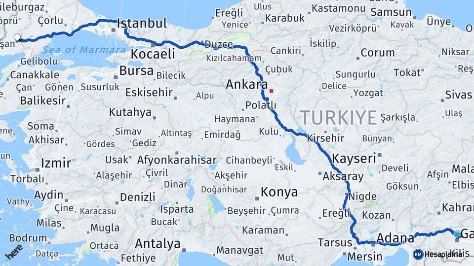 Gaziantep Keşan Edirne Arası Kaç Km - Yol Haritası