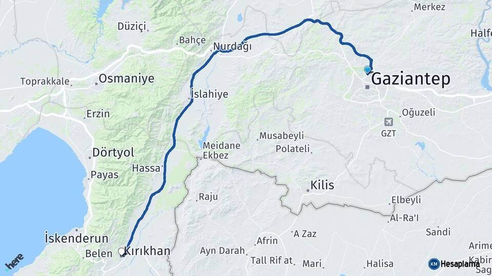 Gaziantep Kırıkhan Hatay Arası Kaç Km - Yol Haritası