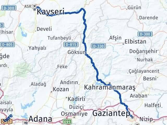 Gaziantep Kocasinan Kayseri Arası Kaç Km - Yol Haritası