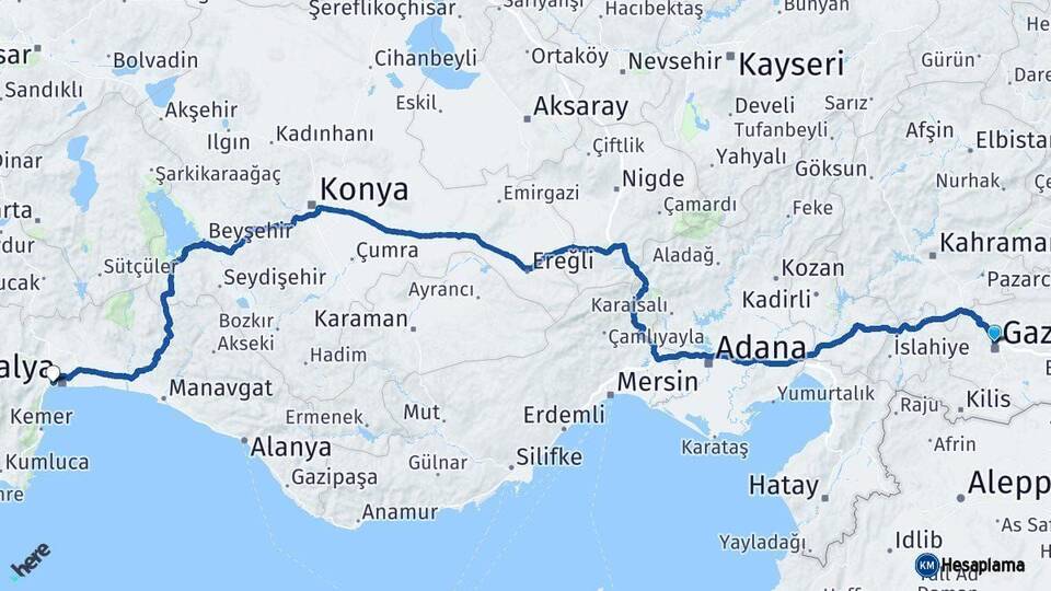 Gaziantep Konyaaltı Antalya Arası Kaç Km - Yol Haritası