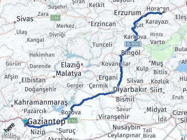Gaziantep Köprüköy Erzurum Arası Kaç Km - Yol Haritası