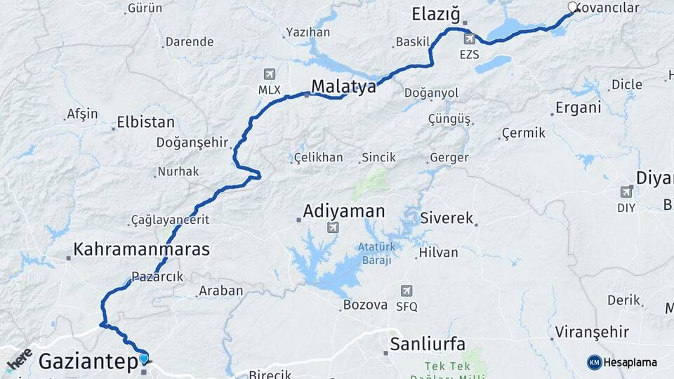 Gaziantep Kovancılar Elazığ Arası Kaç Km - Yol Haritası
