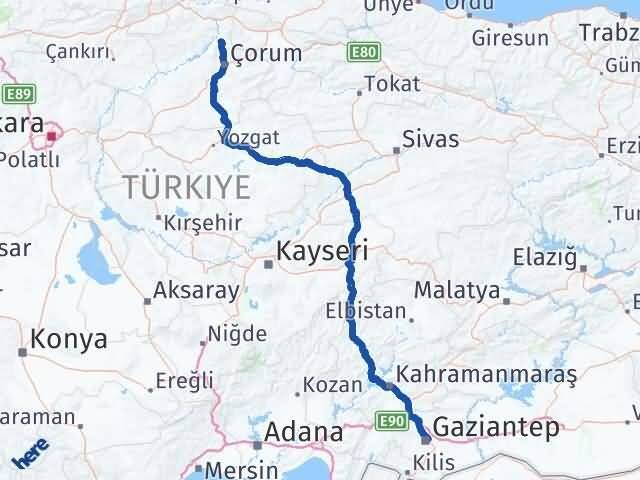 Gaziantep Laçin Çorum Arası Kaç Km - Yol Haritası