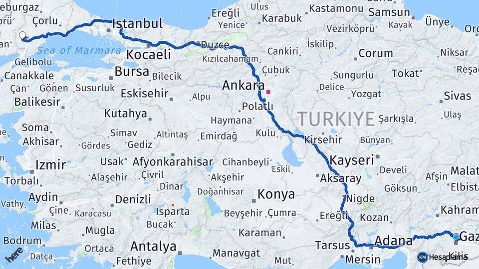 Gaziantep Malkara Tekirdağ Arası Kaç Km - Yol Haritası