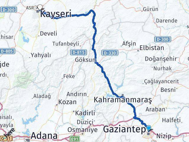 Gaziantep Melikgazi Kayseri Arası Kaç Km - Yol Haritası